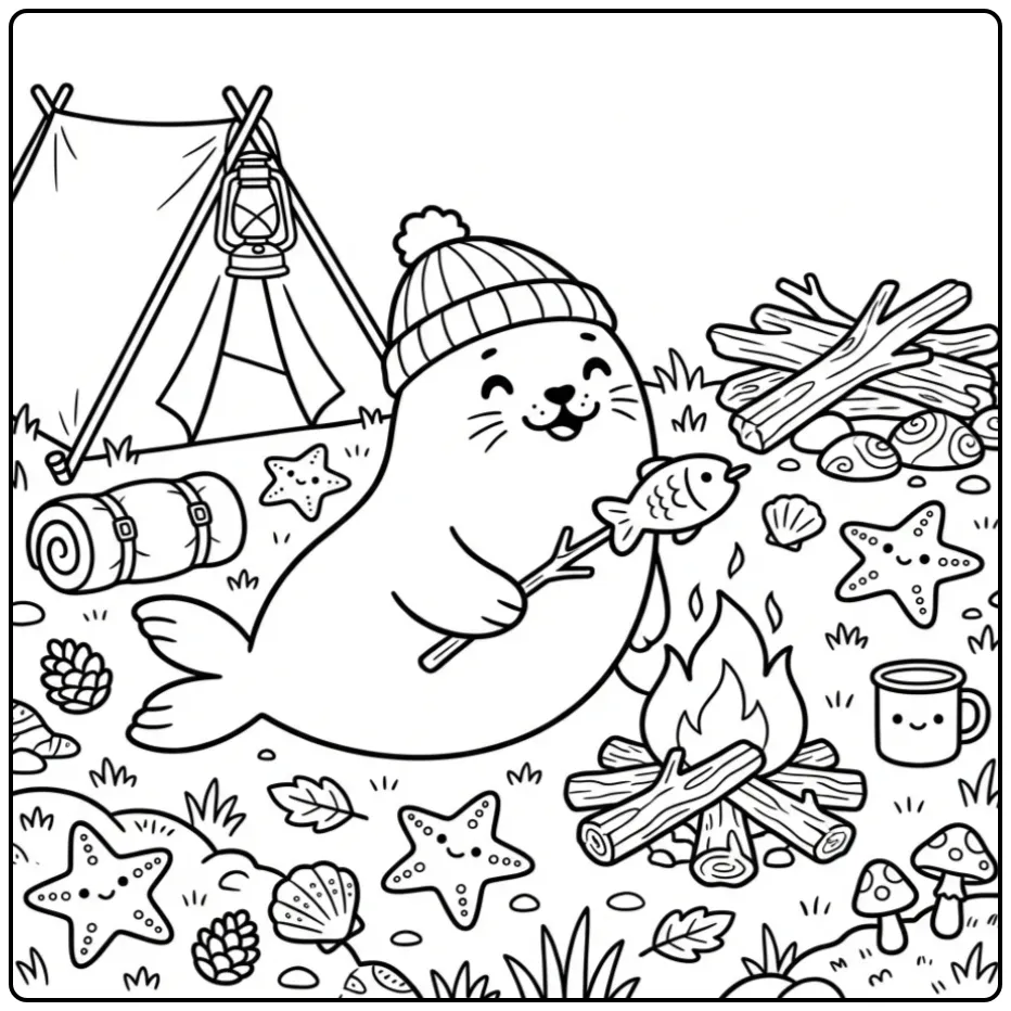Seal coloring page featuring a camping seal
