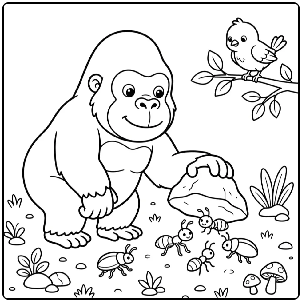 Gorilla coloring page searching for insects under a stone
