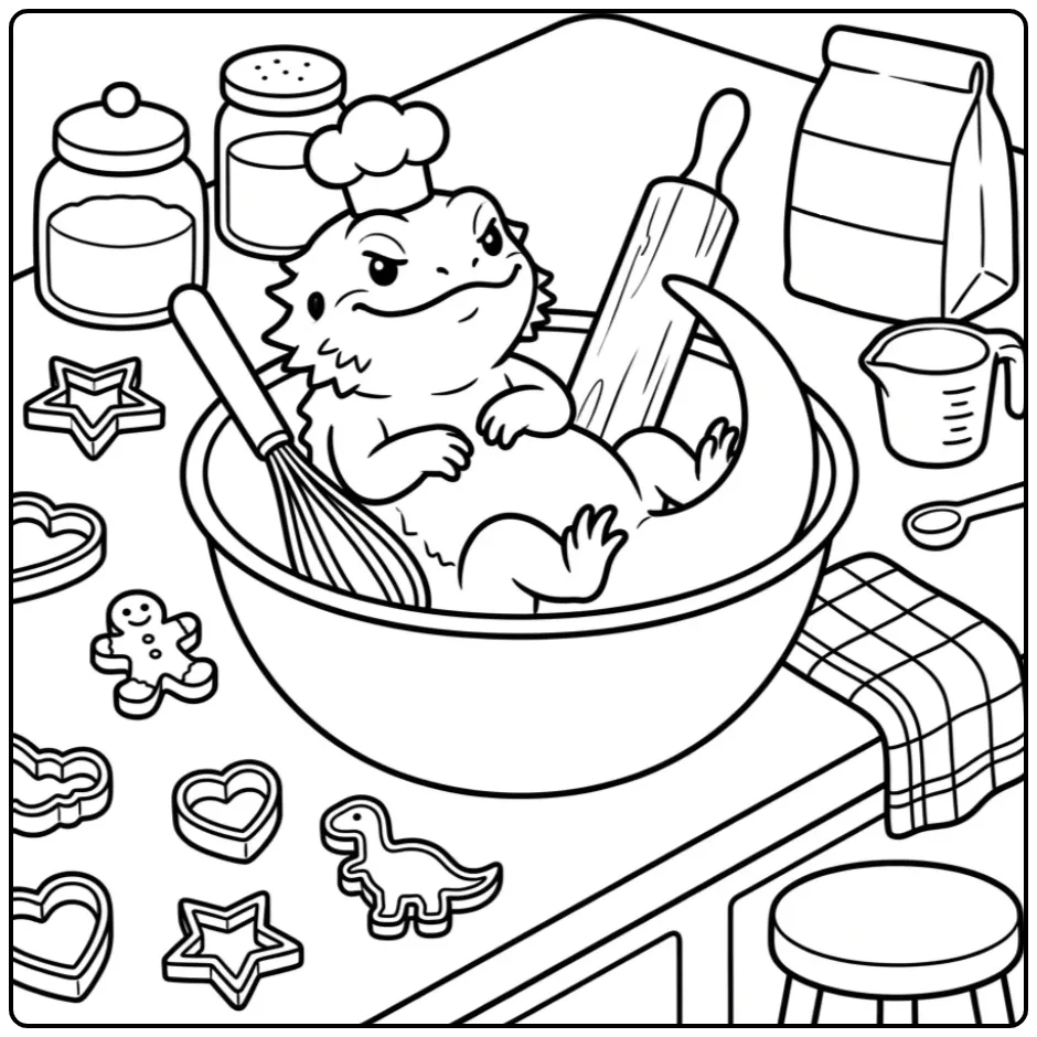 Funny bearded dragon coloring page with a whisk and rolling pin