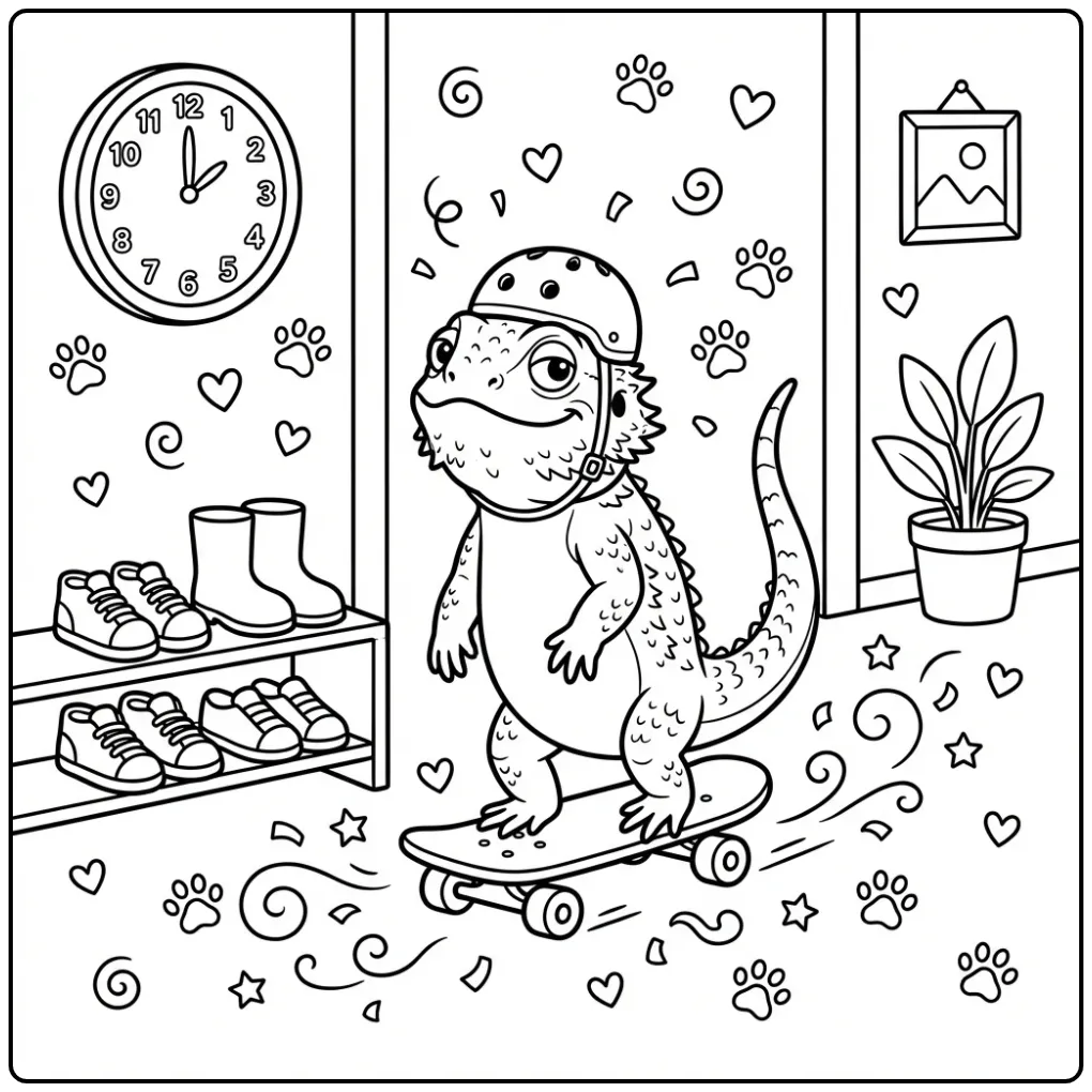 Funny bearded dragon coloring page on a small skateboard