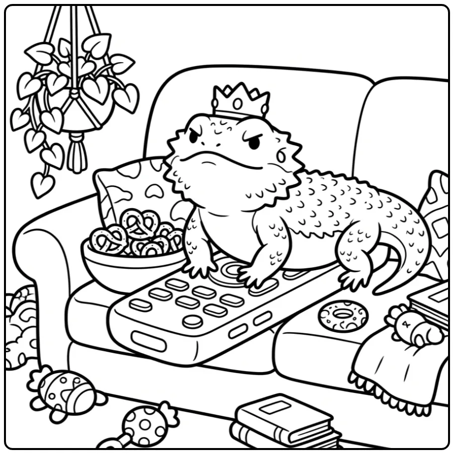 Funny bearded dragon coloring page sitting on a remote control