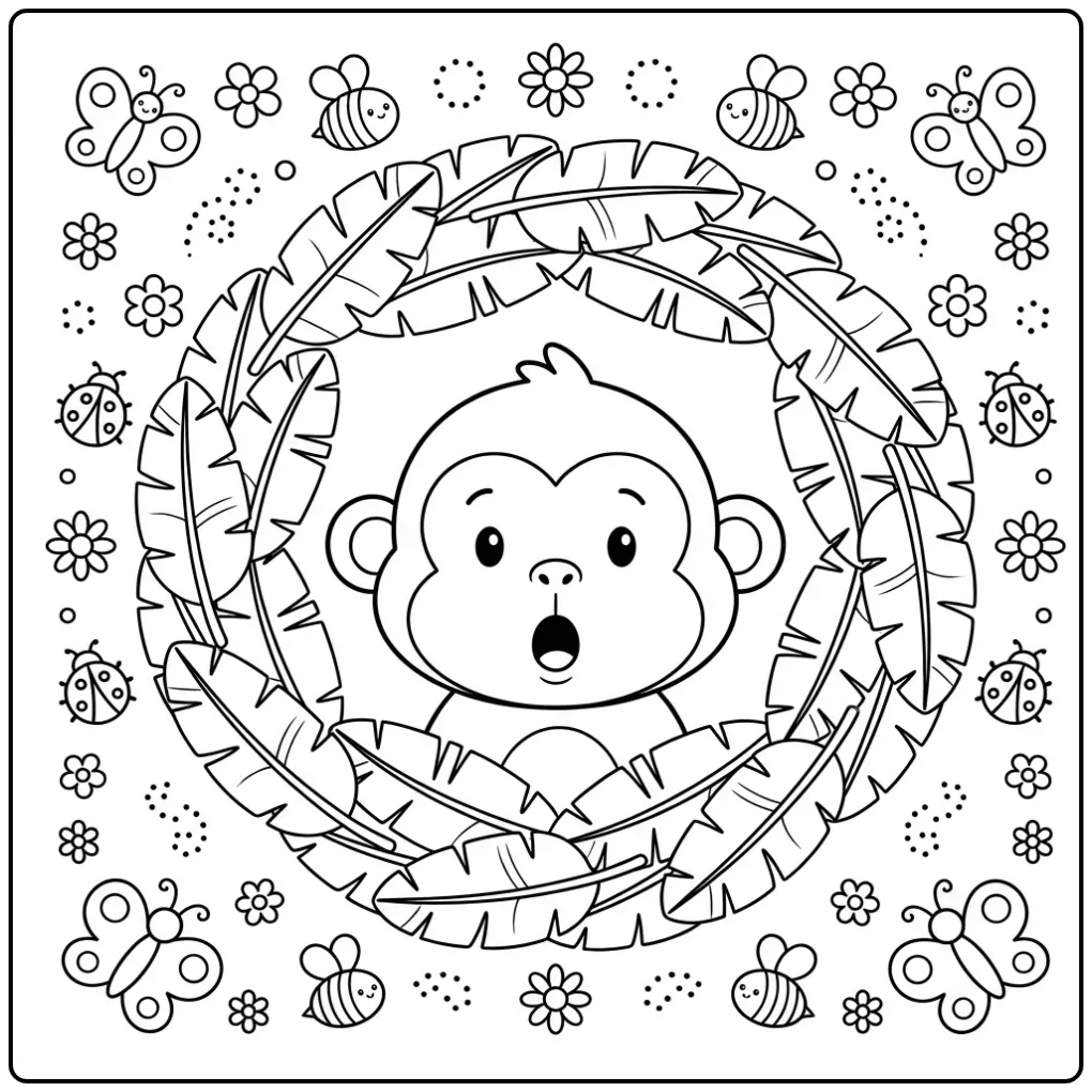 Monkey head coloring page in a wreath of leaves