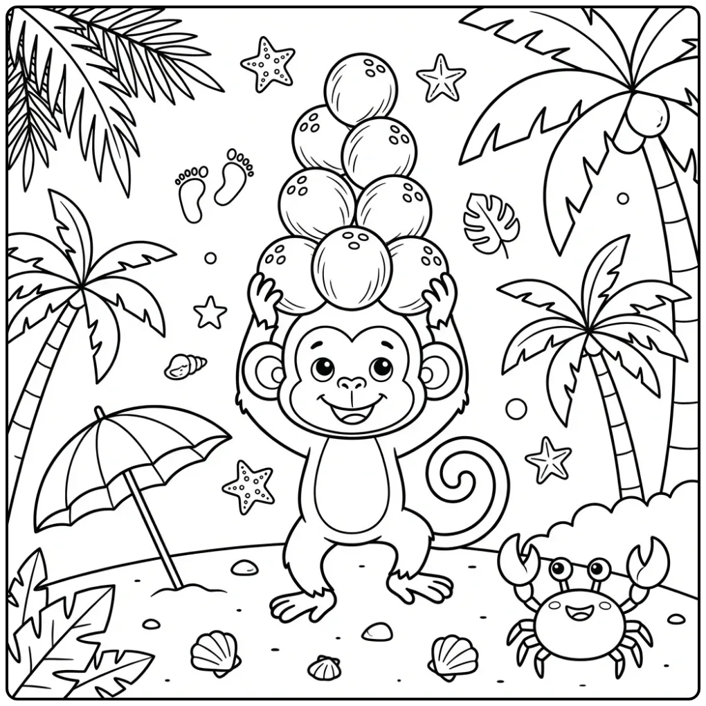 Monkey coloring page balancing coconuts on a beach