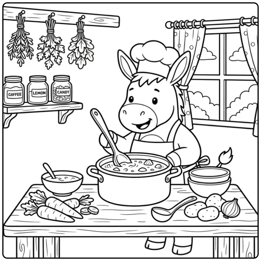 Donkey coloring page as a chef stirring a soup pot