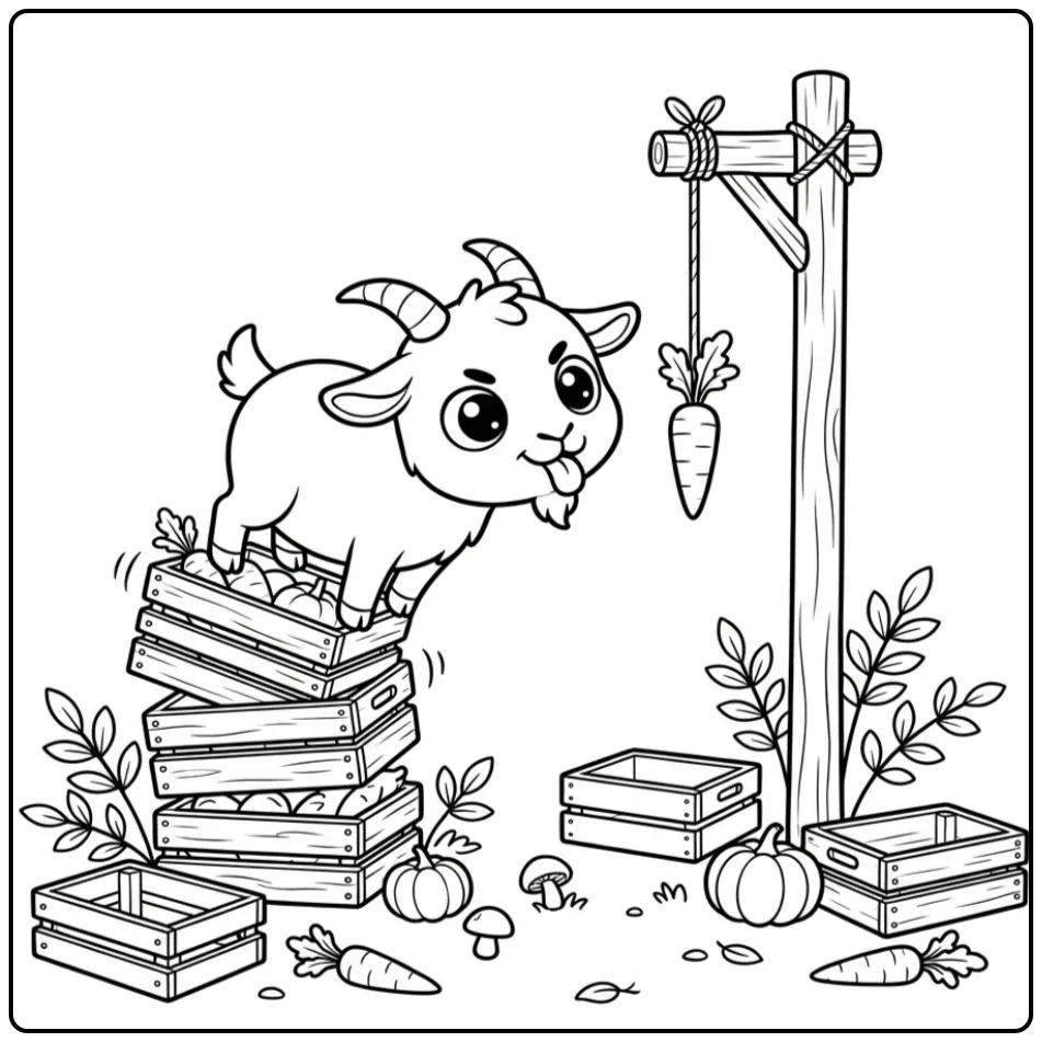 Cute goat coloring page reaching for a carrot on a string