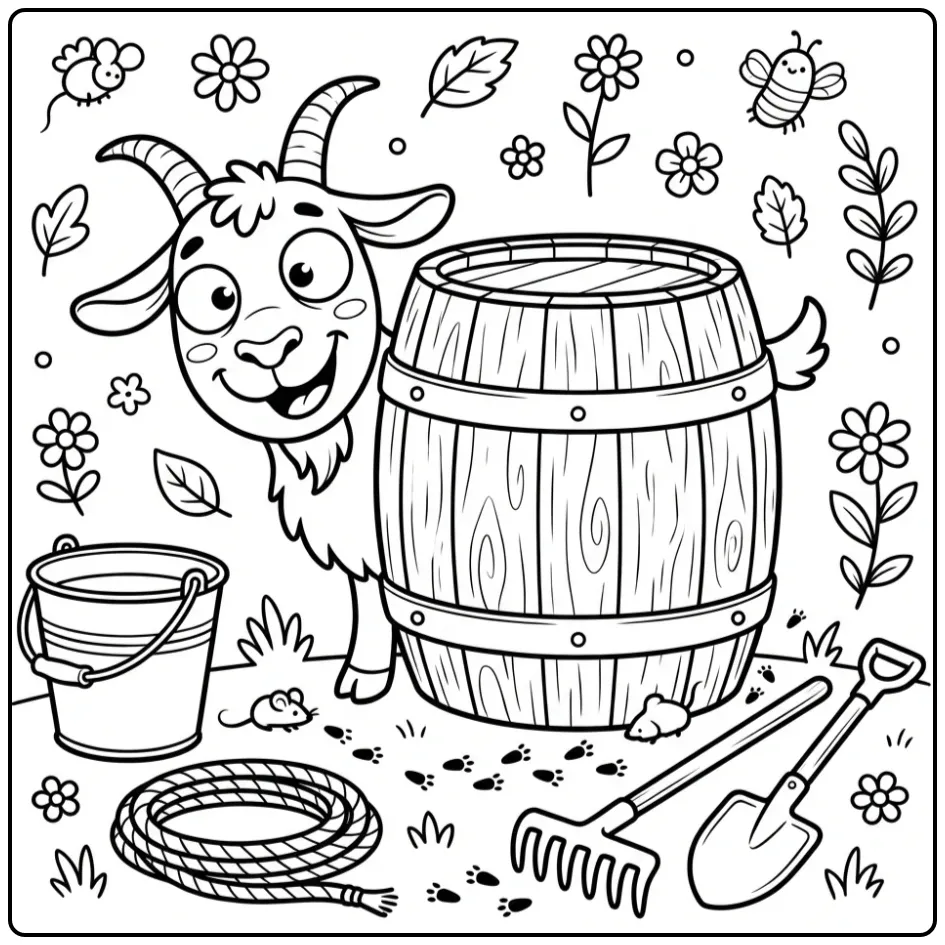 Cute goat coloring page peeking behind a barrel