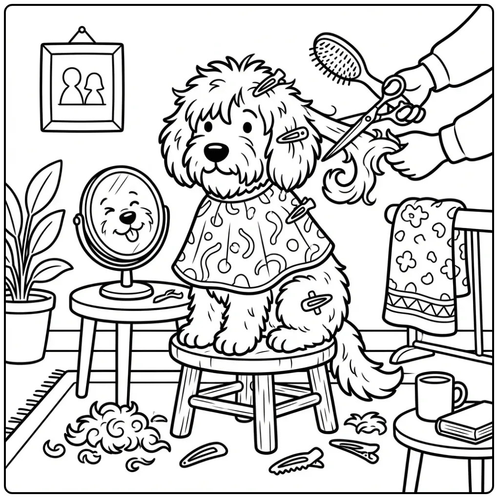 Funny Labradoodle at a Home Hair Salon coloring page