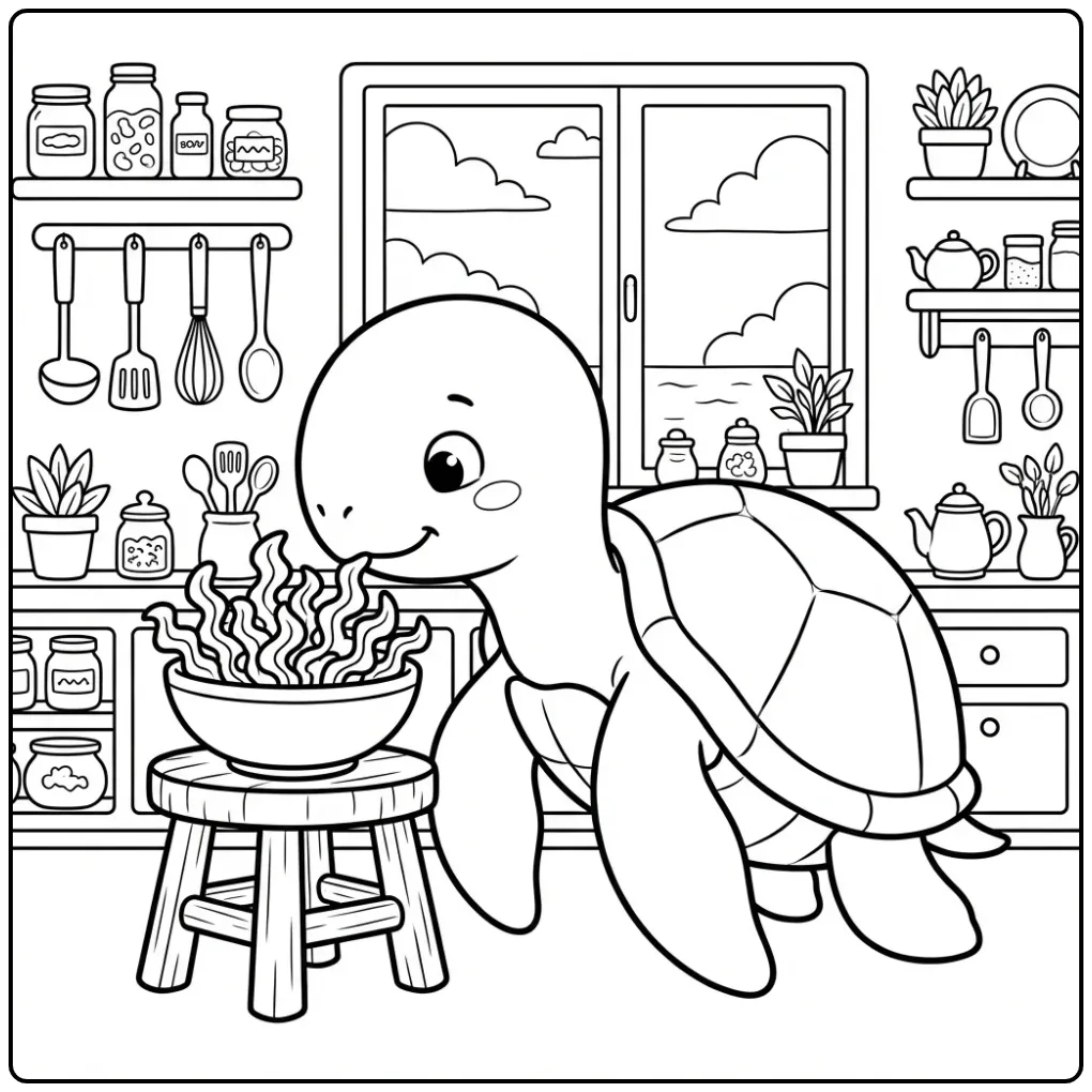 Turtle coloring page smelling snacks in a seaside kitchen