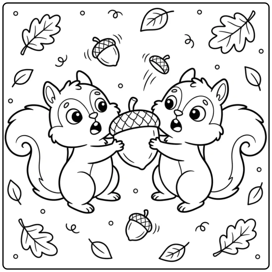 Two squirrels coloring page arguing over an acorn