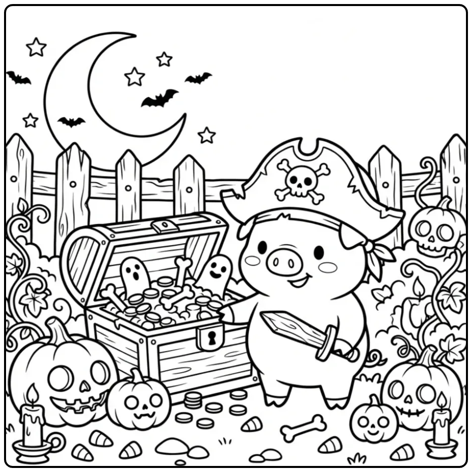 Halloween pig coloring page as a pirate with treasure