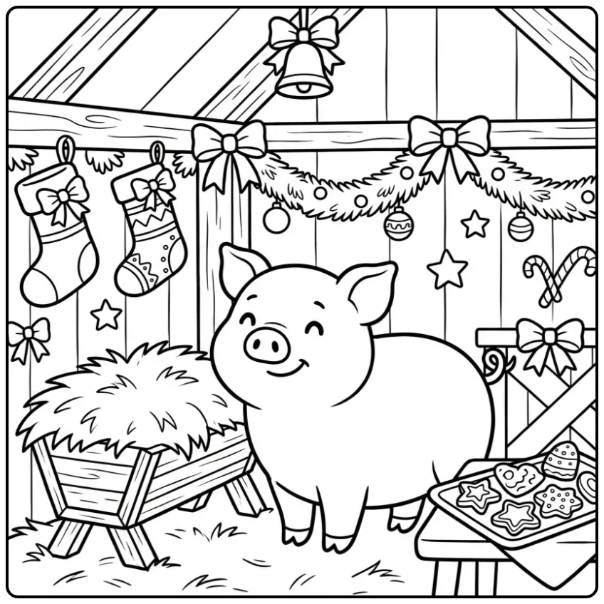 Christmas pig coloring page in a decorated stable