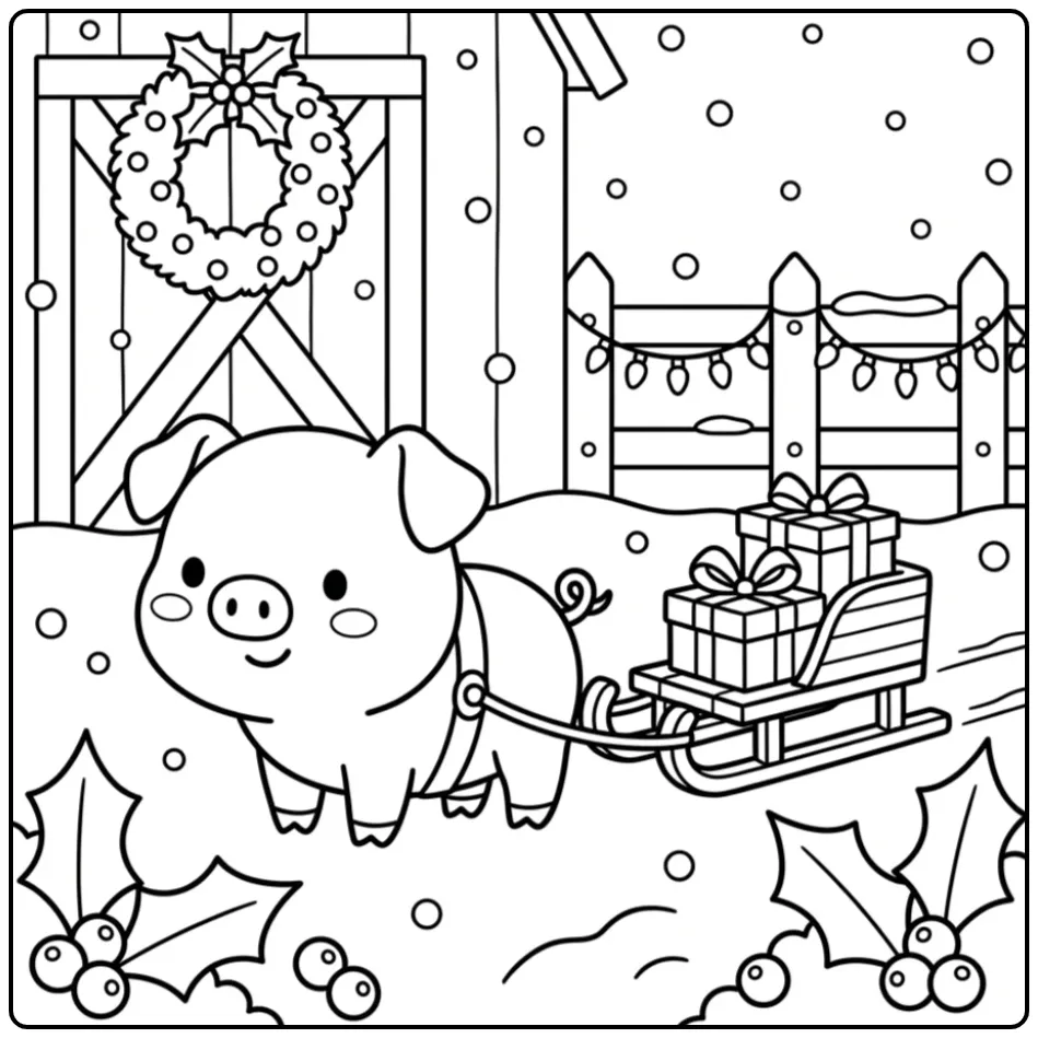 Christmas pig coloring page pulling a sleigh