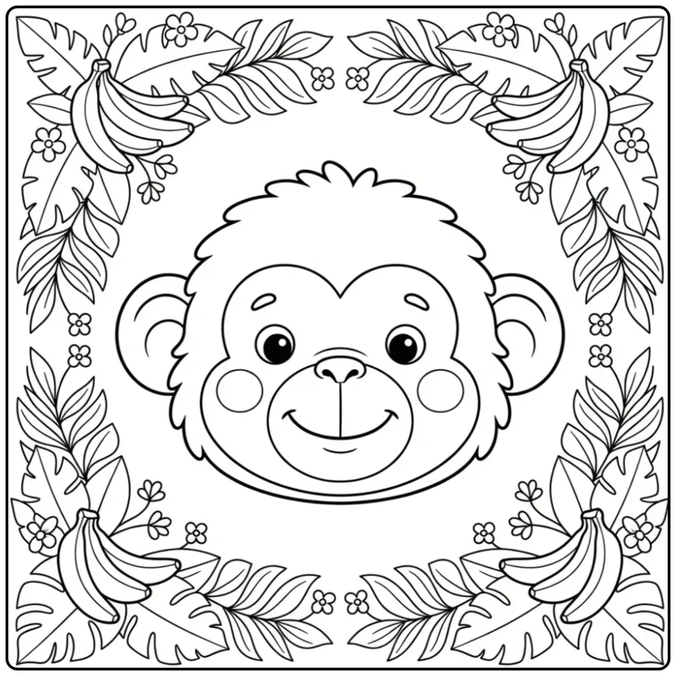 Monkey head coloring page with leaves and flowers