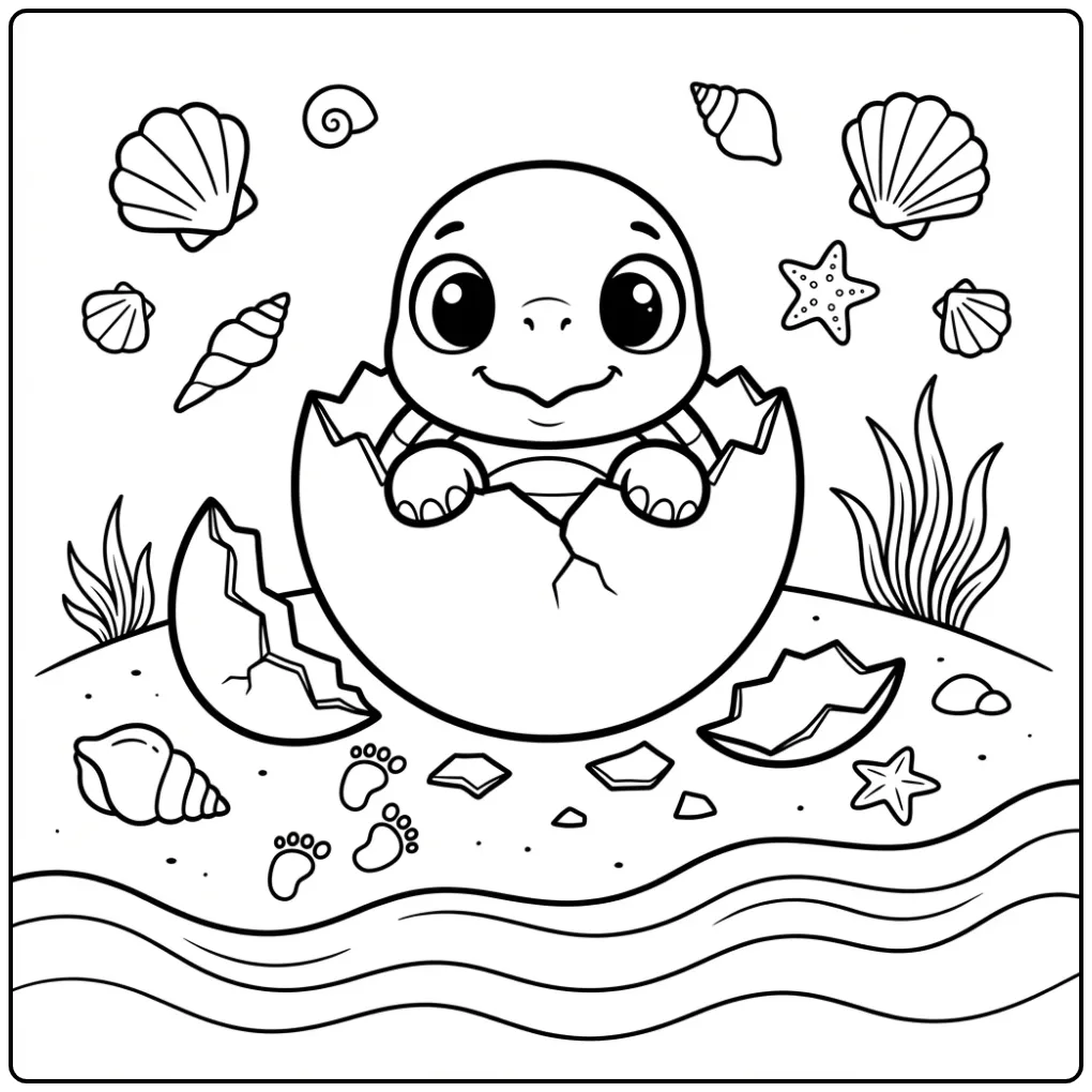 Baby turtle coloring page coming out of an egg