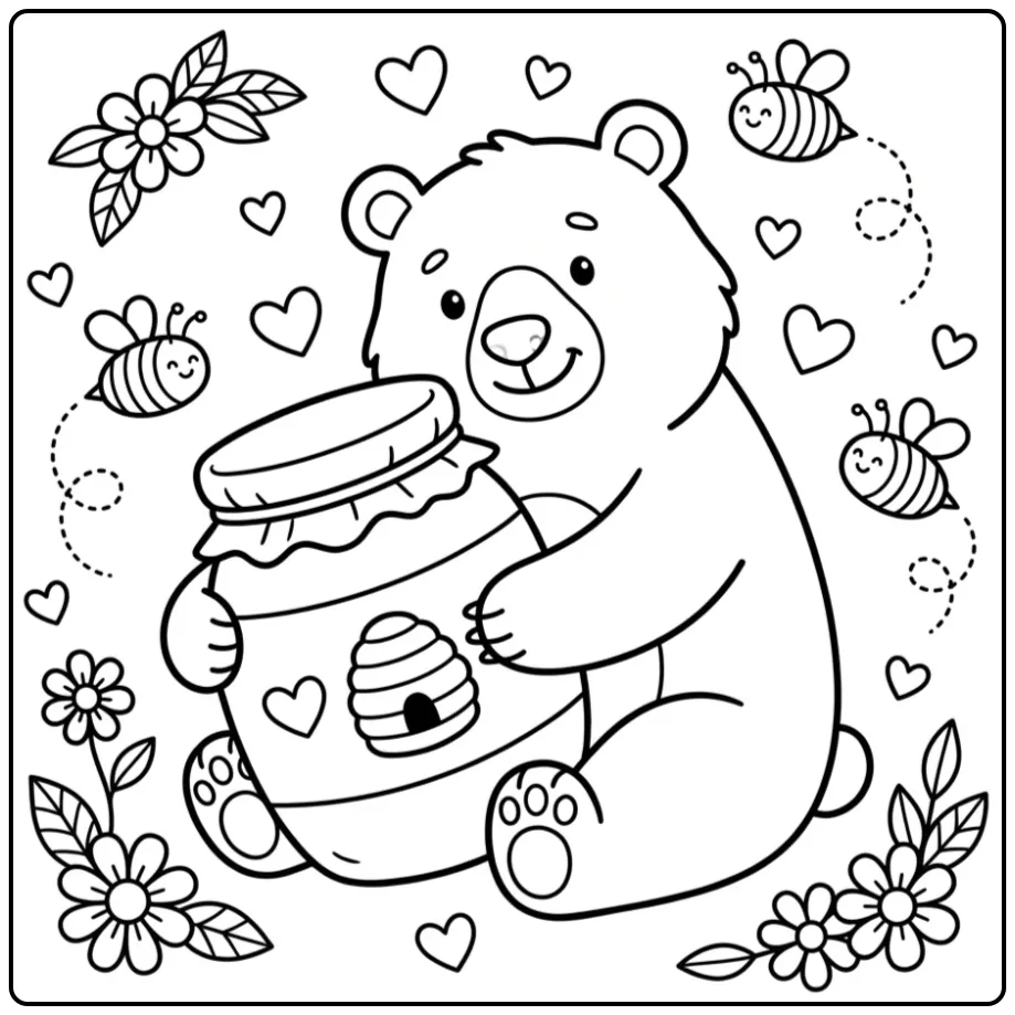 Cute bear coloring page hugging a honey pot