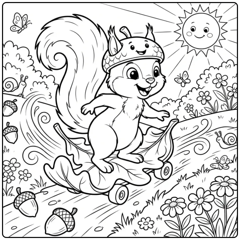 Squirrel coloring page skateboarding on a leaf