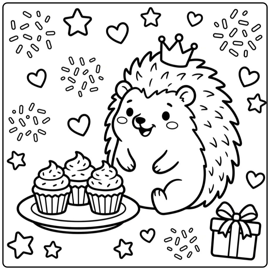 Cute hedgehog coloring page with cupcakes and a gift