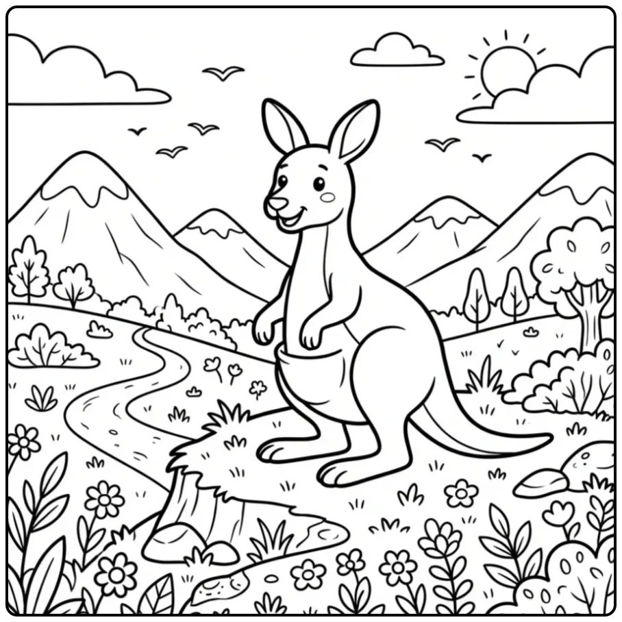 Cheerful kangaroo coloring page on a hill with mountains