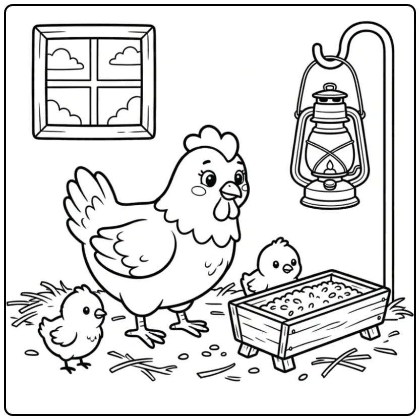 Hen with chicks coloring page by a feeding trough