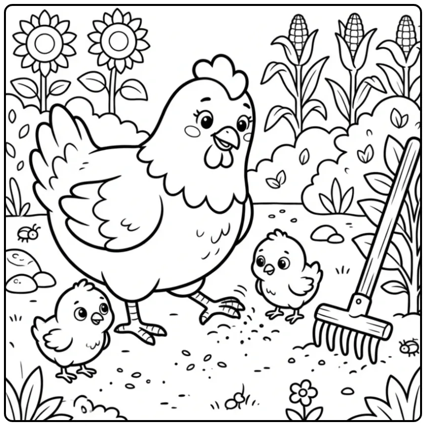 Hen with chicks coloring page searching for seeds