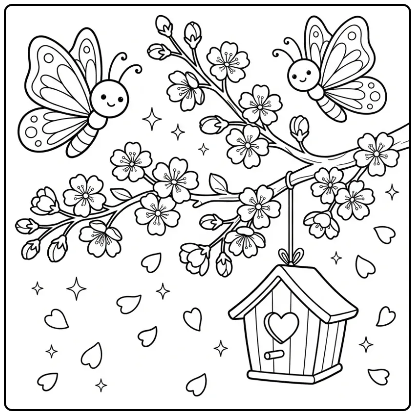 Spring butterfly coloring page with cherry blossoms