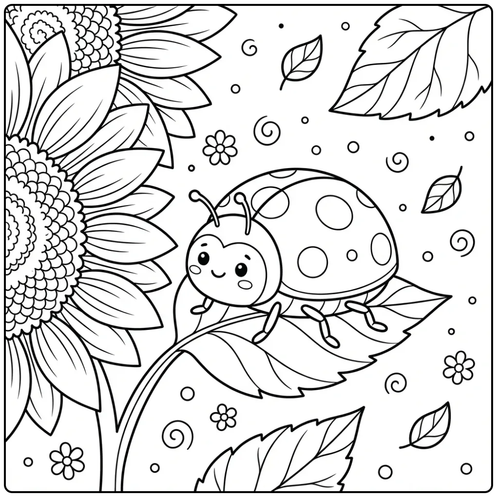 Cute ladybug coloring page on a sunflower leaf