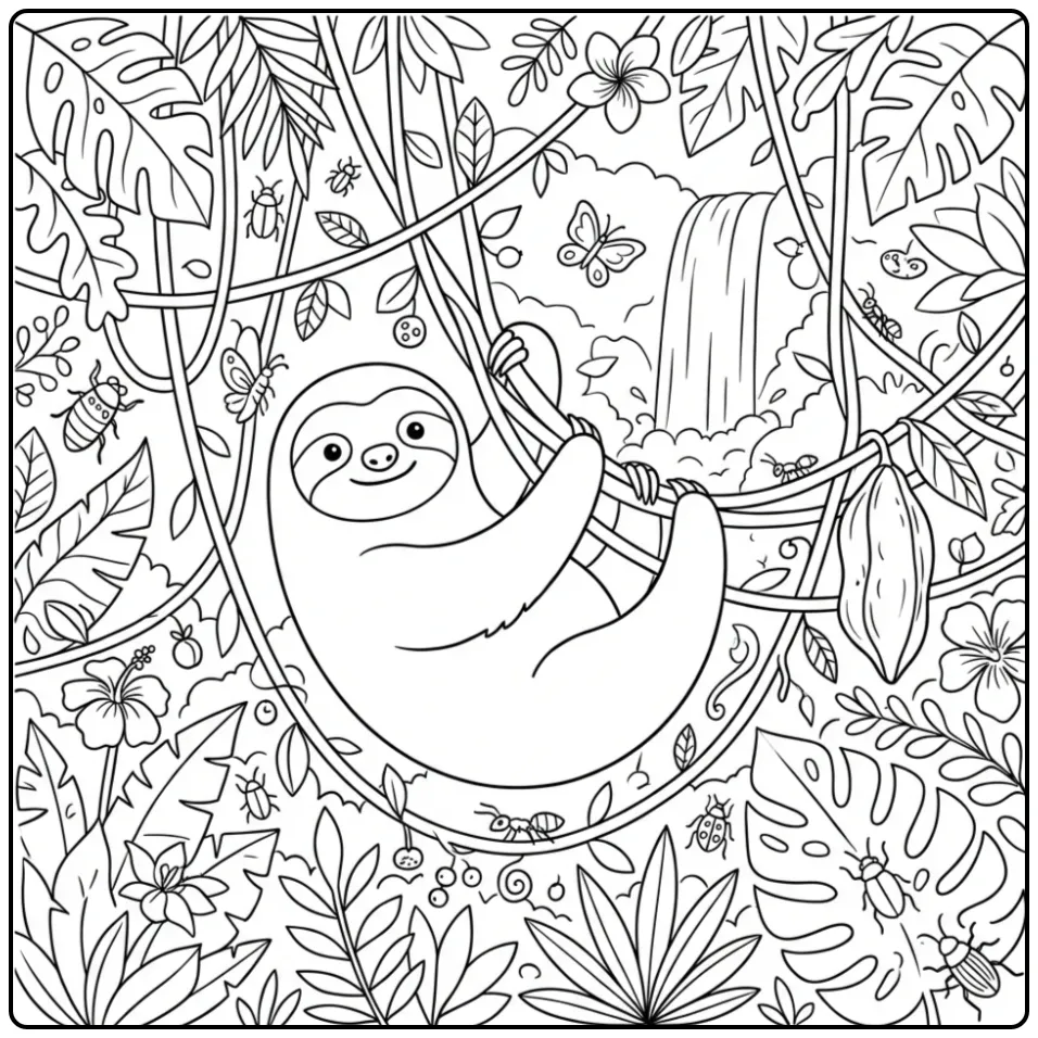 Cute sloth coloring page climbing through vines