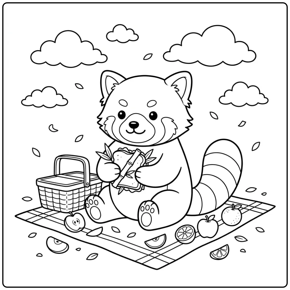 Cute red panda coloring page during a picnic