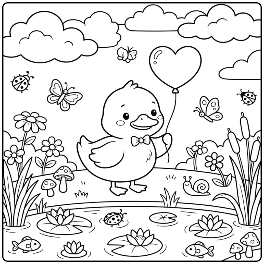 Cute baby duck coloring page with a bow tie and heart balloon