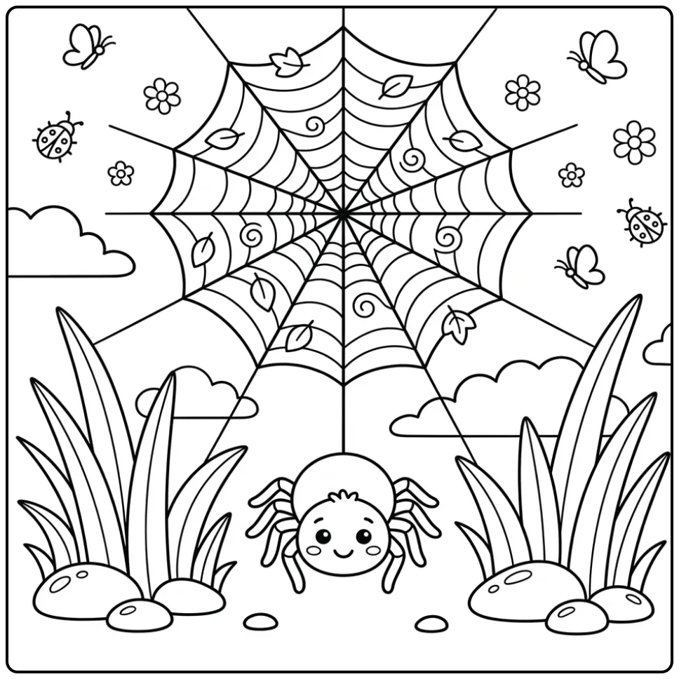 Spider web with spider coloring page in a grassy garden