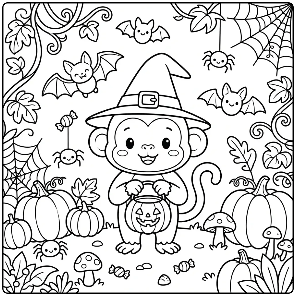 Halloween monkey coloring page with a witch hat and pumpkin