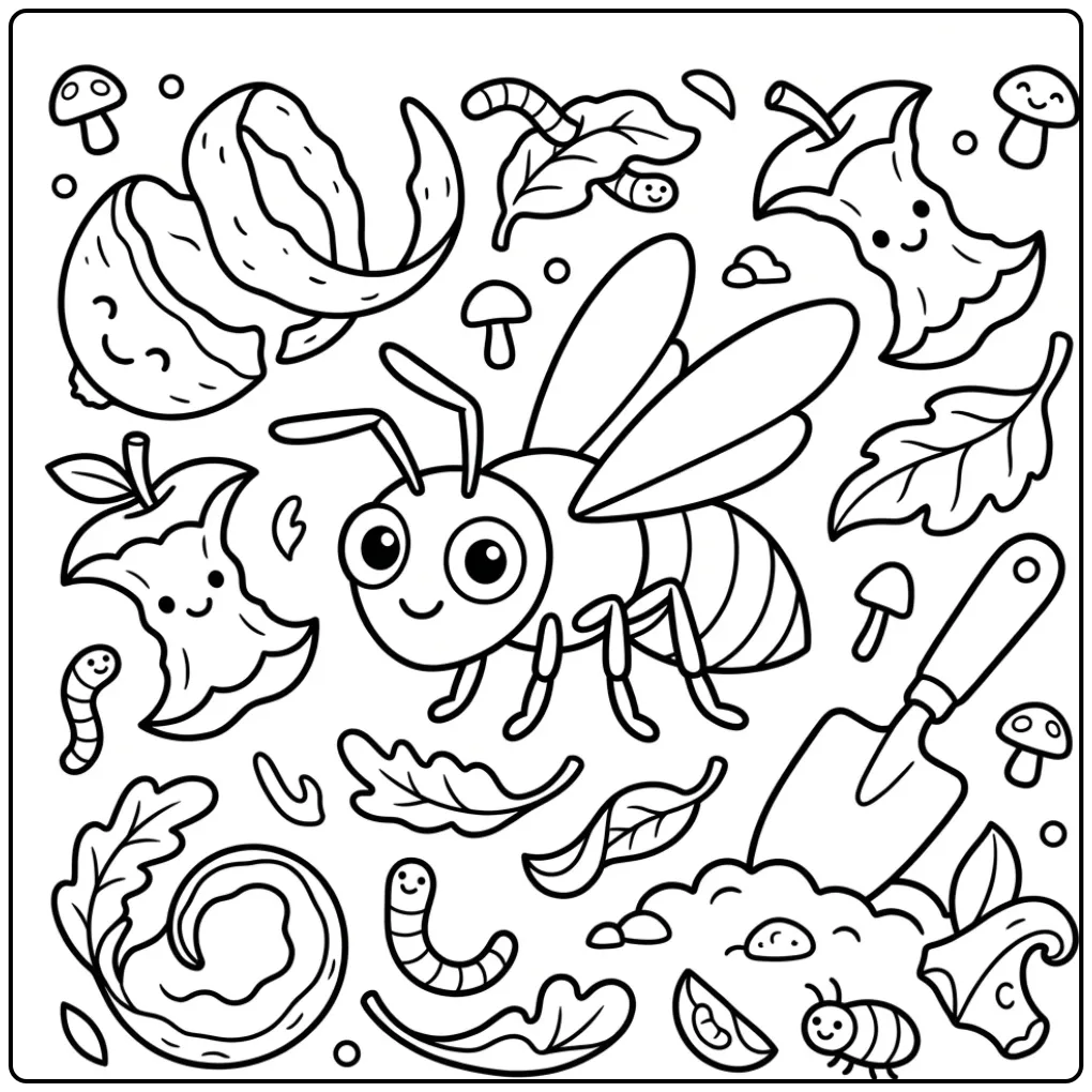 Cute wasp coloring page on a compost pile with fruit