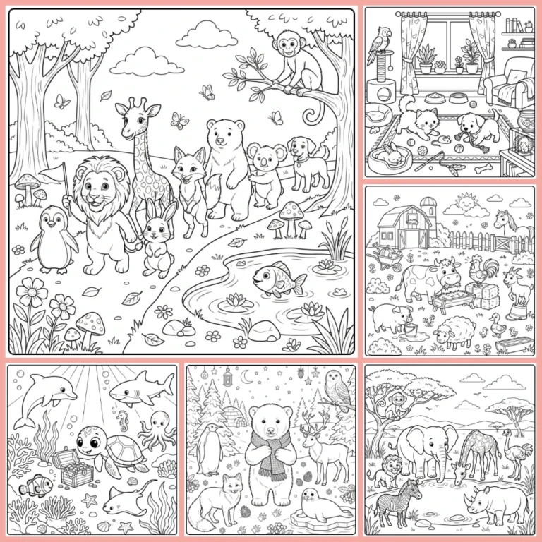 Animal coloring page collection preview with many kinds of animals
