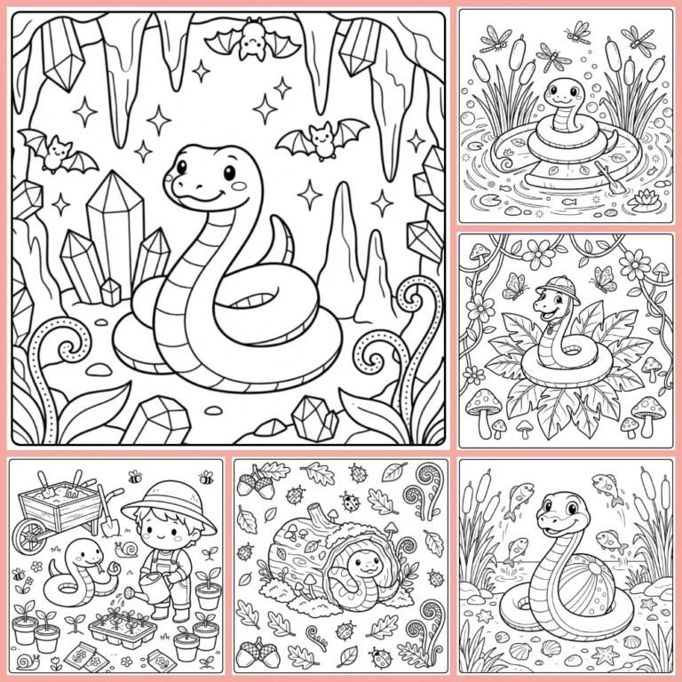 Snake coloring page collection preview with many snake scenes