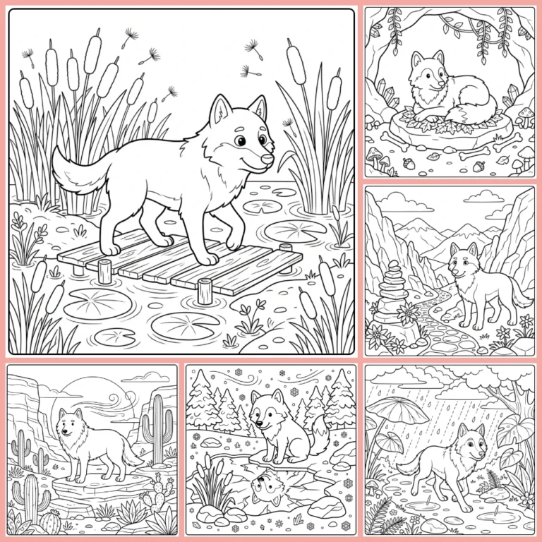Wolf coloring page collection preview with many wolf drawings