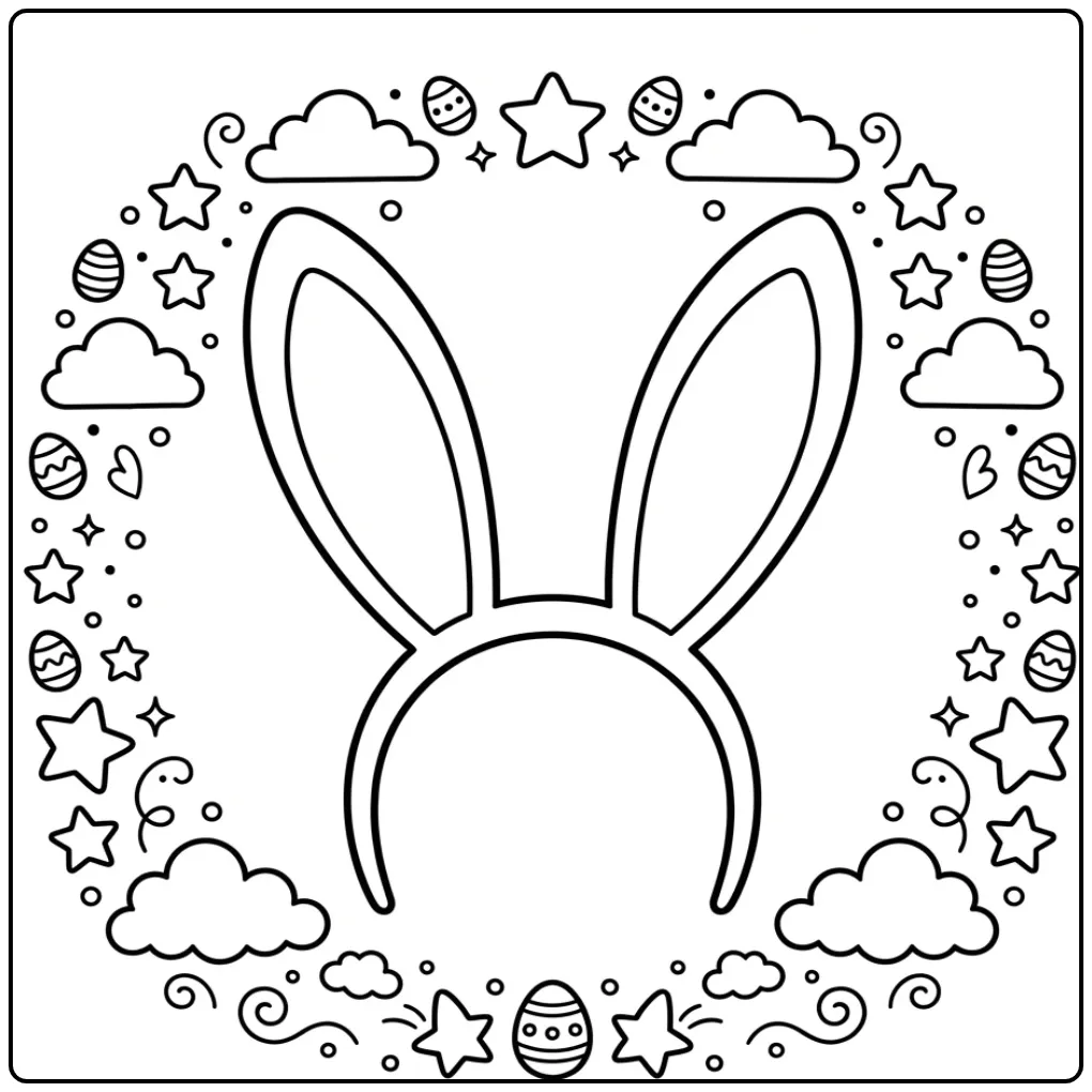 Easter Bunny ears coloring page with stars and eggs