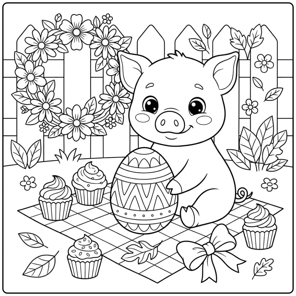 Easter pig coloring page with cupcakes and a large egg
