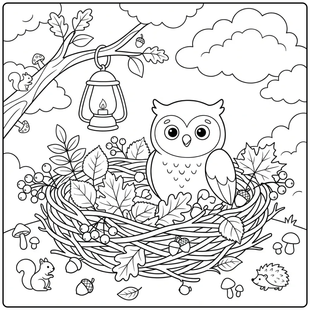 Autumn owl coloring page in a nest with leaves and berries