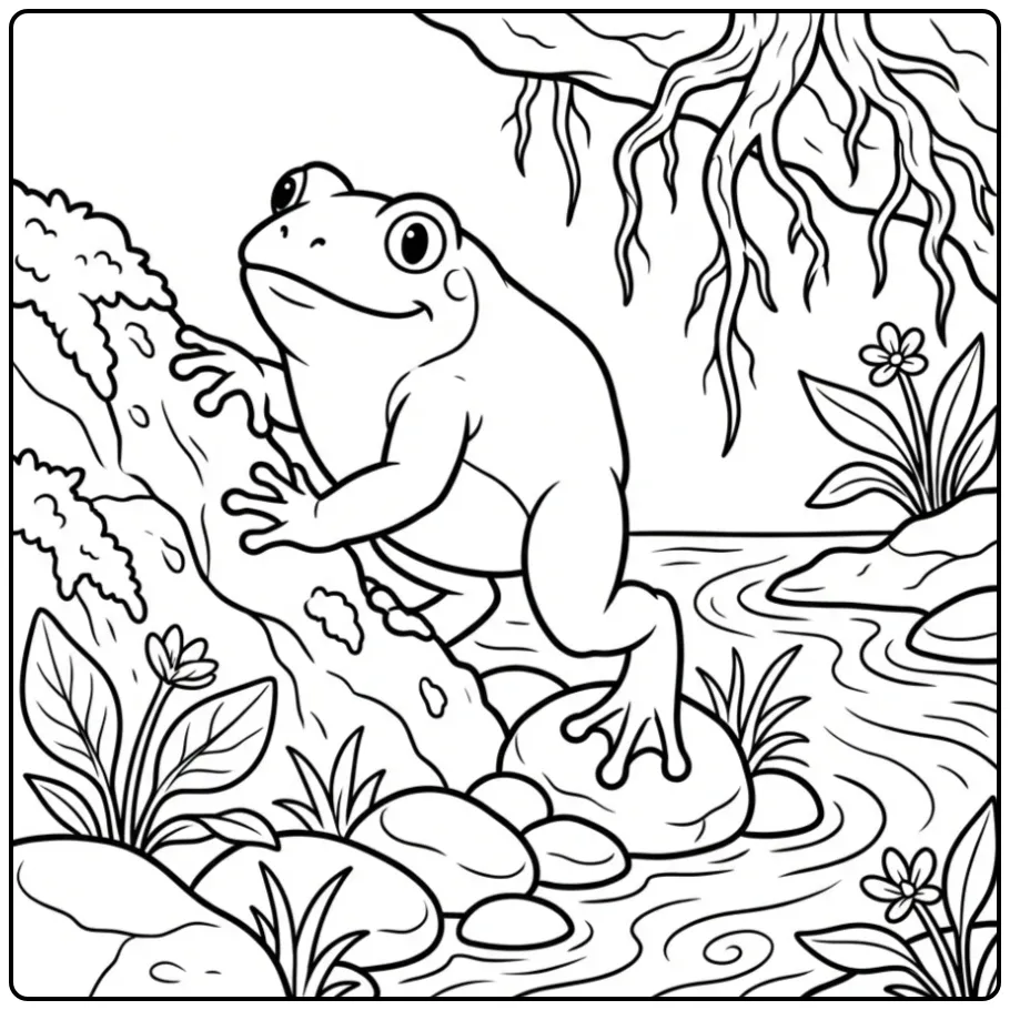 Toad coloring page climbing on a mossy rock