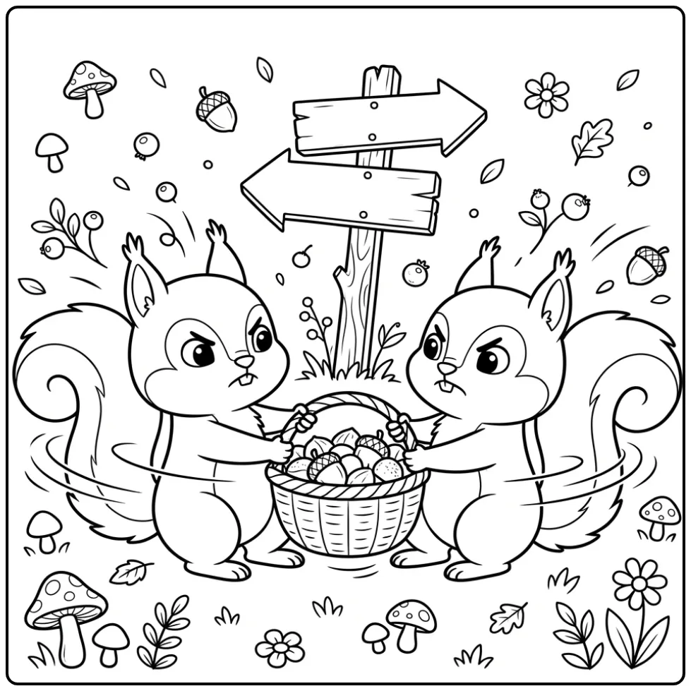 Two squirrels coloring page fighting over a nut basket