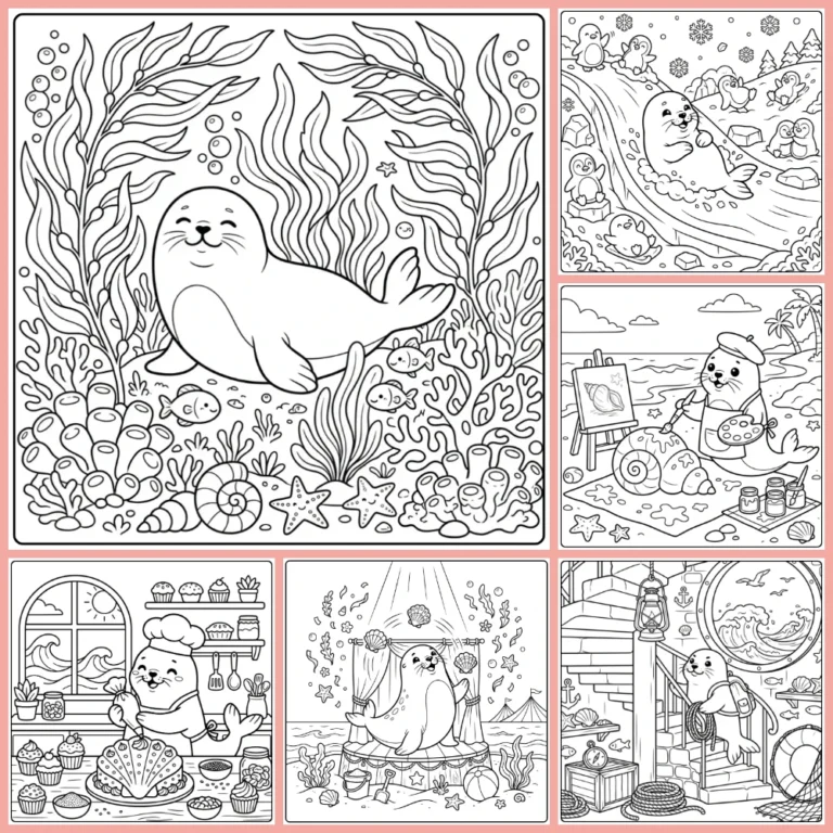 Seal coloring page collection preview with several seals