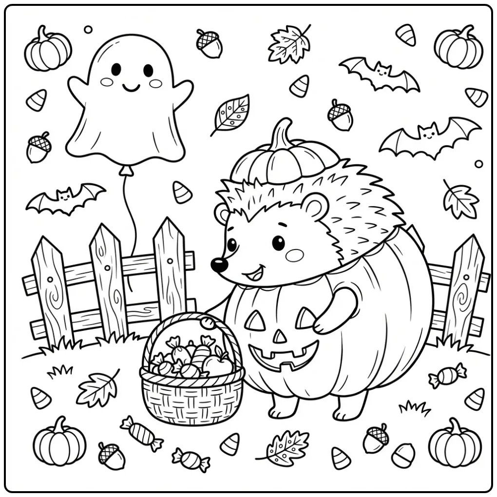 Hedgehog coloring page dressed as a pumpkin with candy