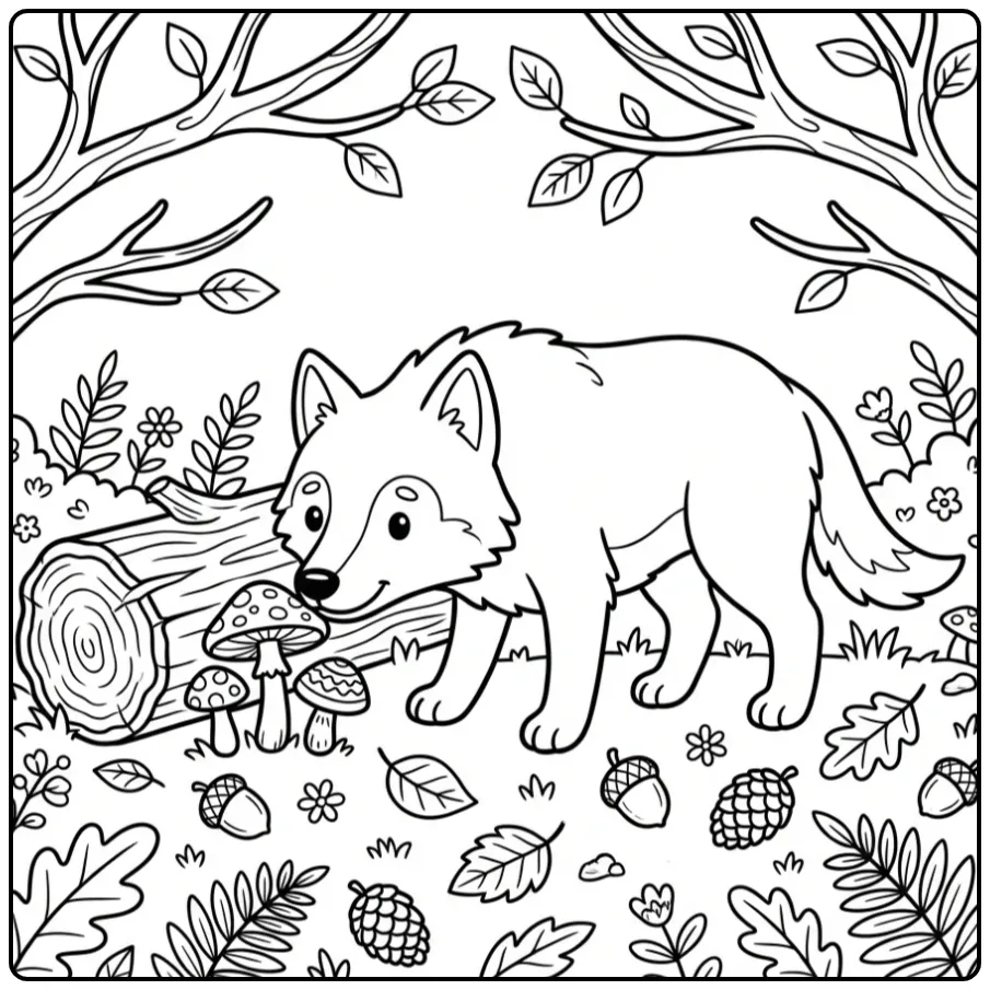 Wolf coloring page featuring a wolf with mushrooms and leaves