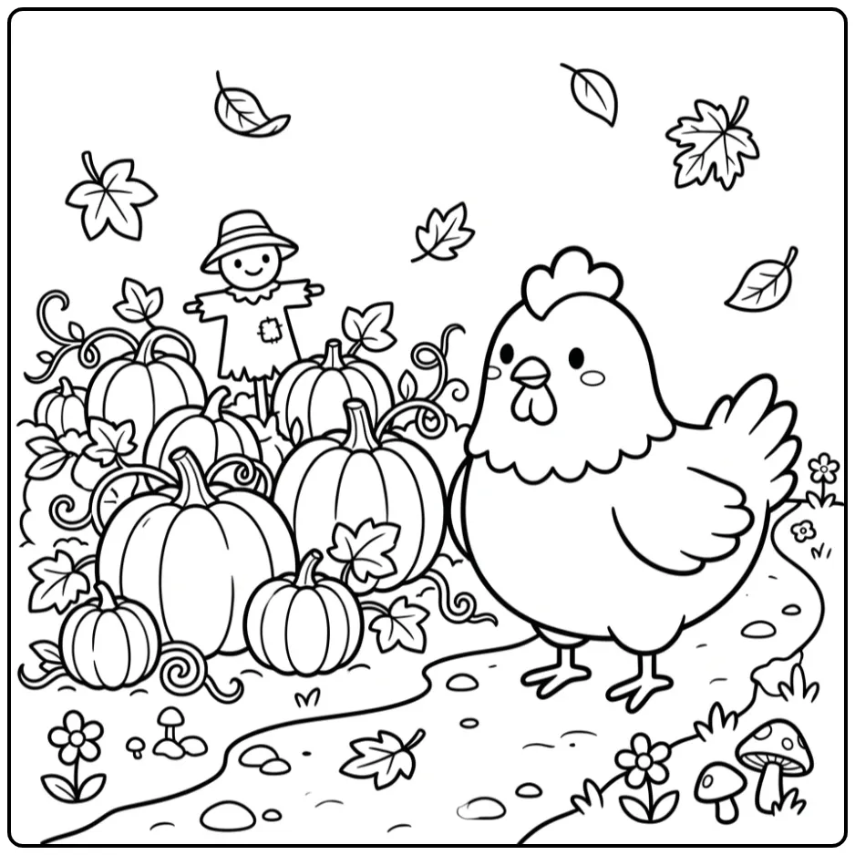 Easy autumn chicken coloring page in a pumpkin field