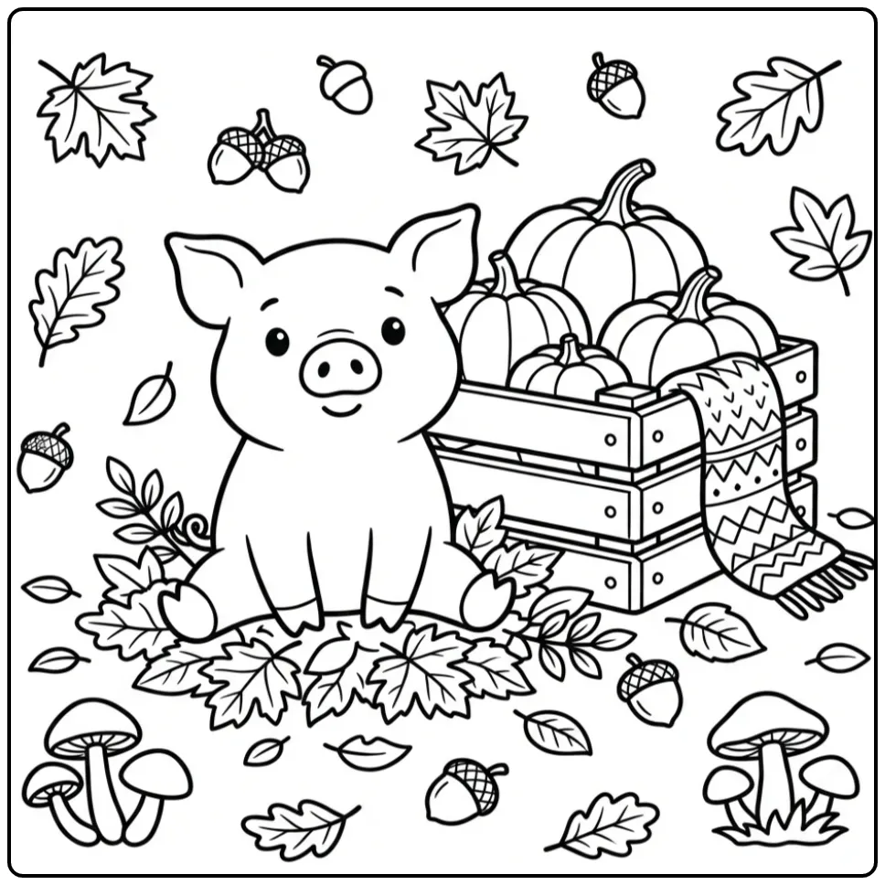 Autumn pig coloring page with pumpkins and leaves