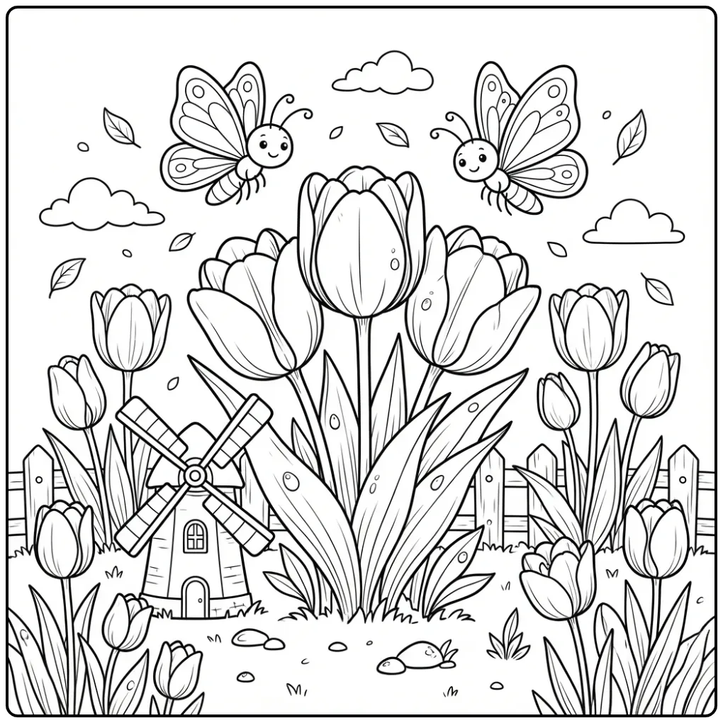 Flowers and butterflies coloring page with a tulip and windmill