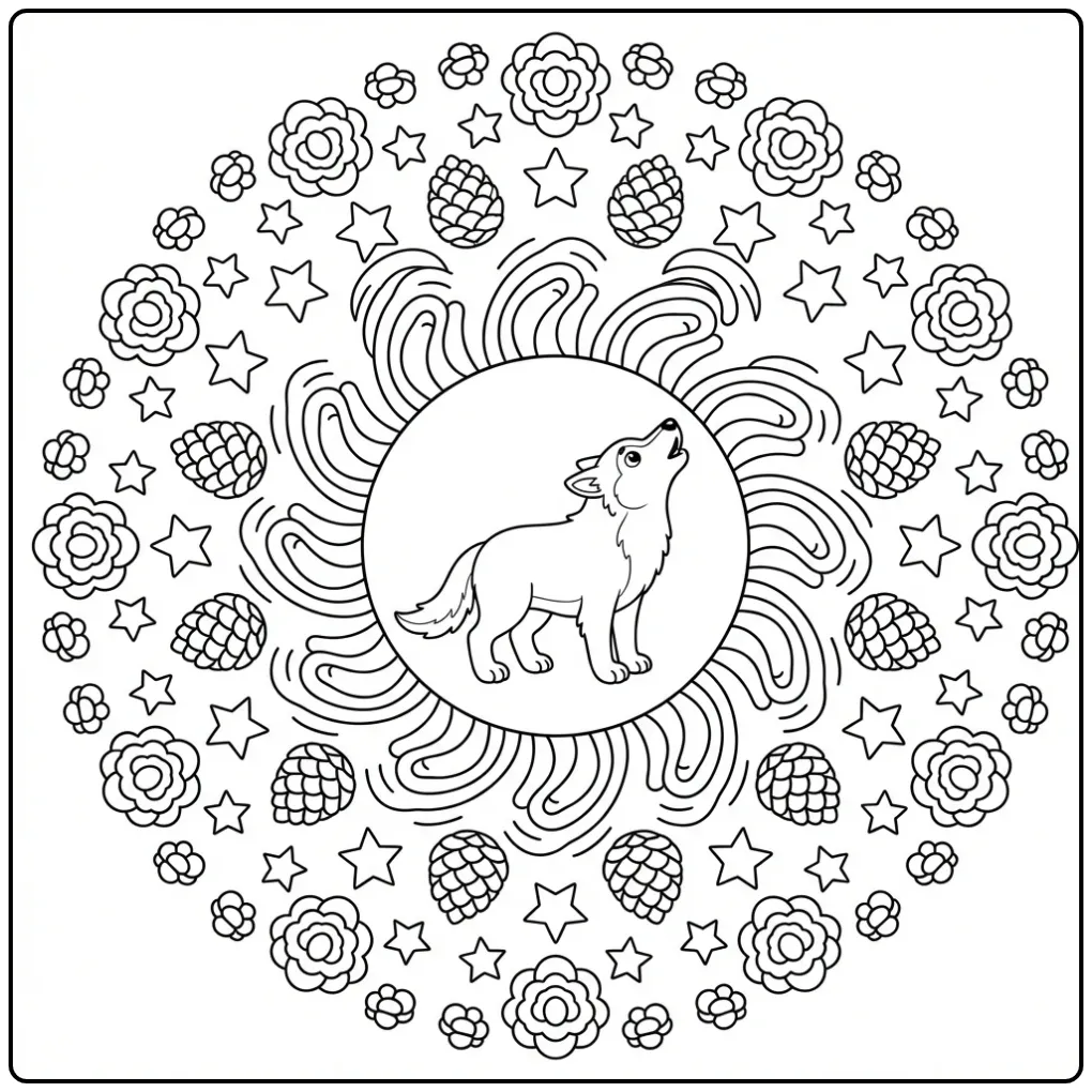 Wolf mandala coloring page showing a howling wolf
