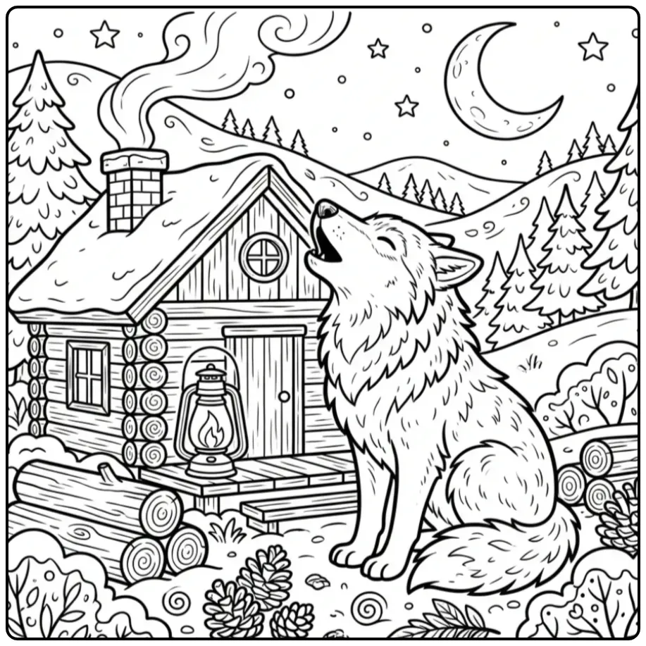 Adult wolf coloring page featuring a wolf by a cabin