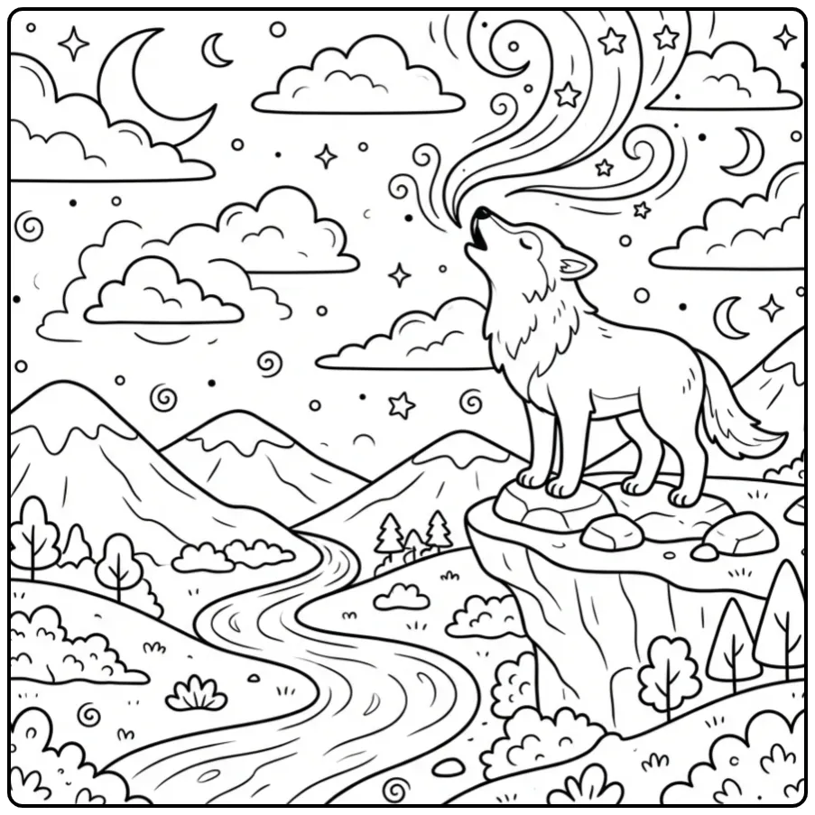 Howling wolf coloring page featuring a wolf on a rock