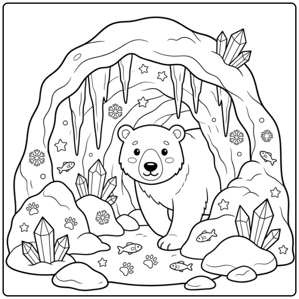 Cute polar bear coloring page in an icy cave